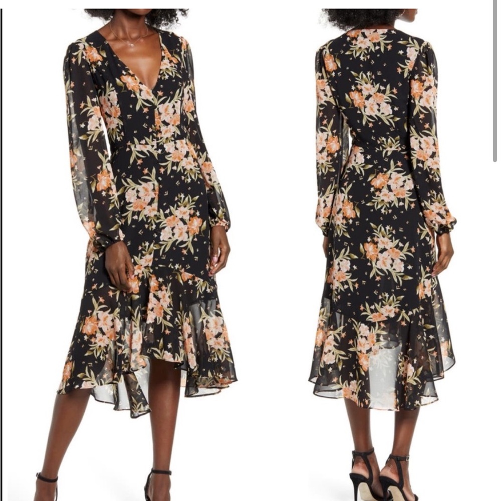 Floral V-Neck Black Dress